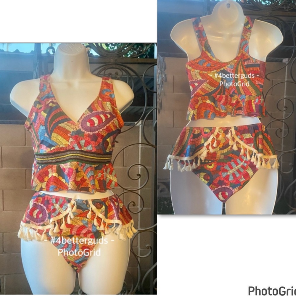 New Tankini Ruffle Colorful Abstract Graphic Boho Print Tassel Swimsuit Medium - Picture 12 of 16